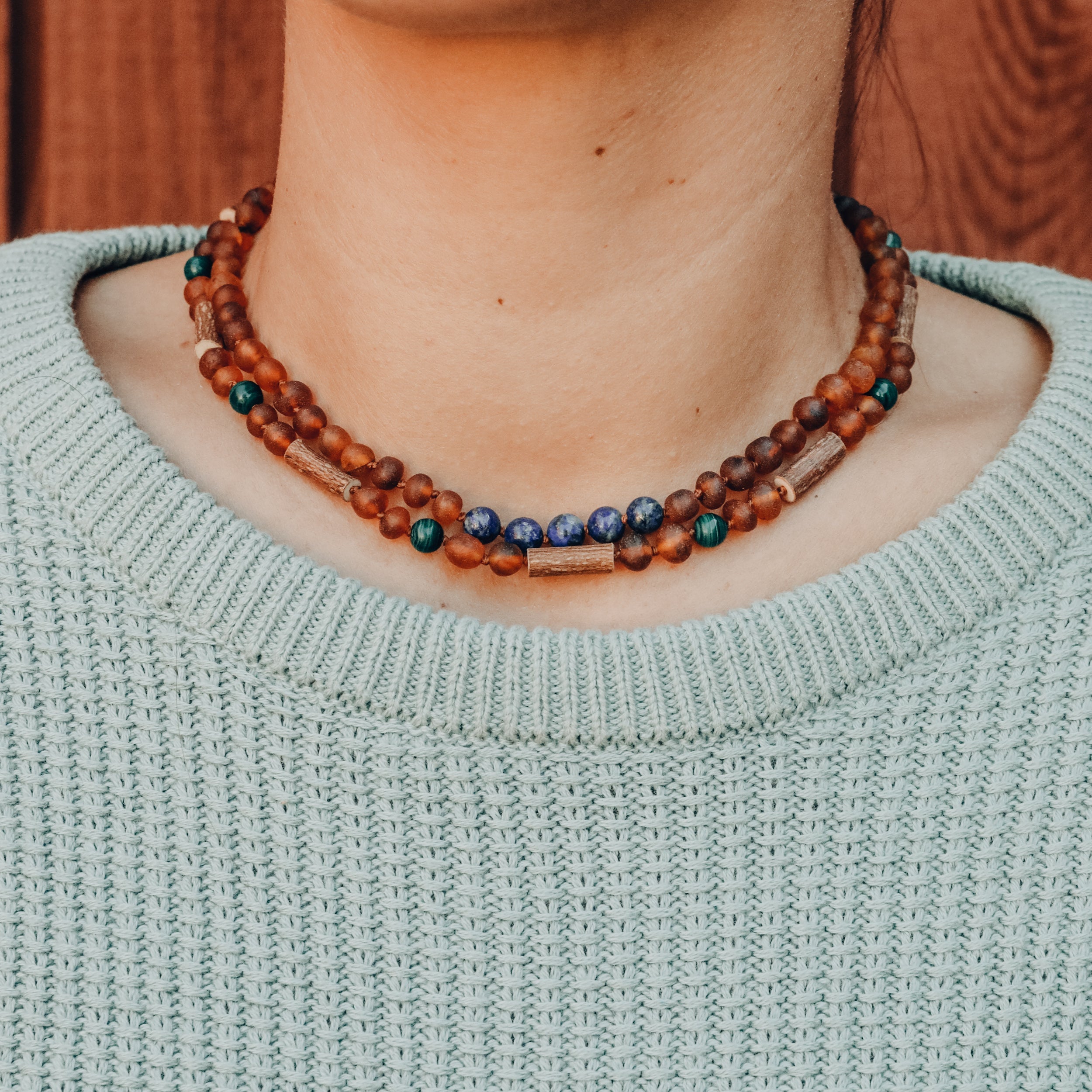 Raw Cognac Baltic Amber + Lapis Stone Necklace by CanyonLeaf