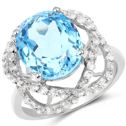 7.32 Carat Genuine Swiss Blue Topaz &amp; White Topaz .925 Sterling Silver Ring