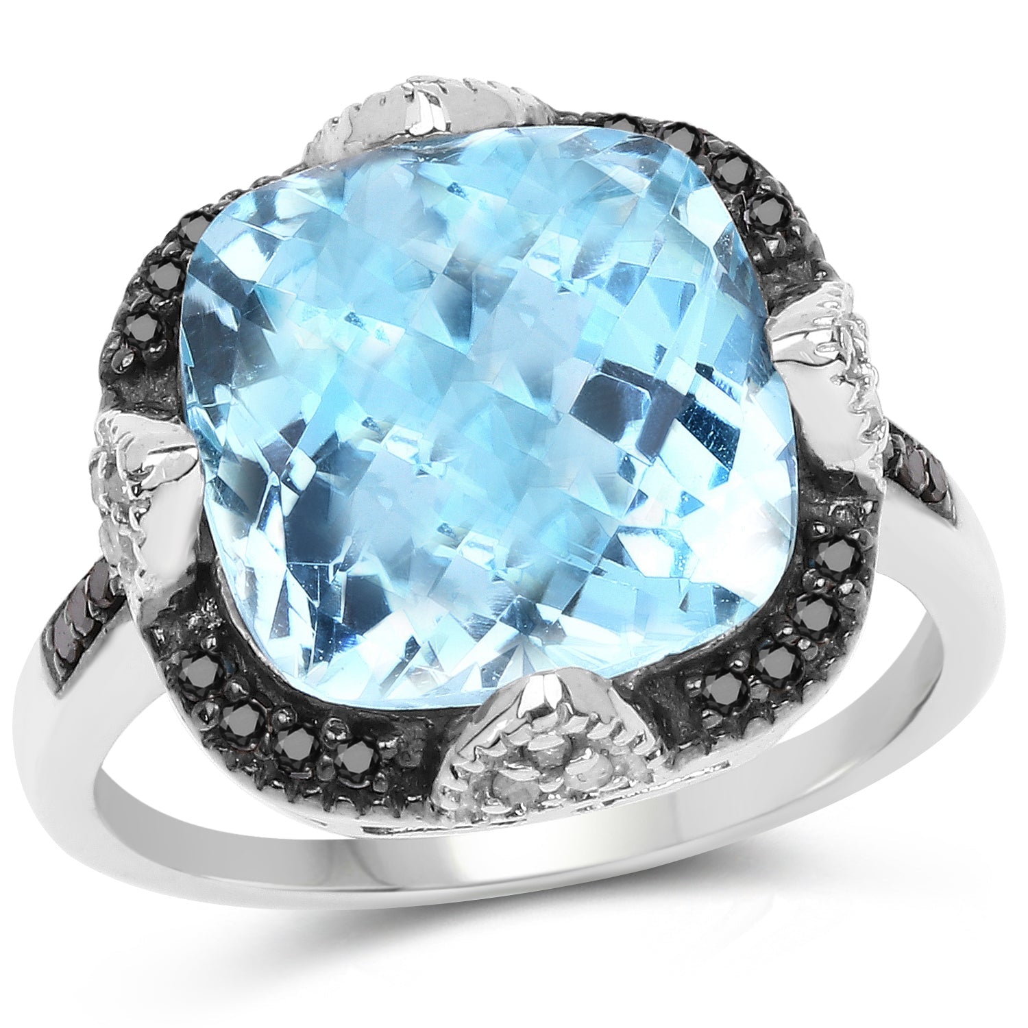 8.29 Carat Genuine Swiss Blue Topaz, Black Diamond &amp; White Diamond .925 Sterling Silver Ring