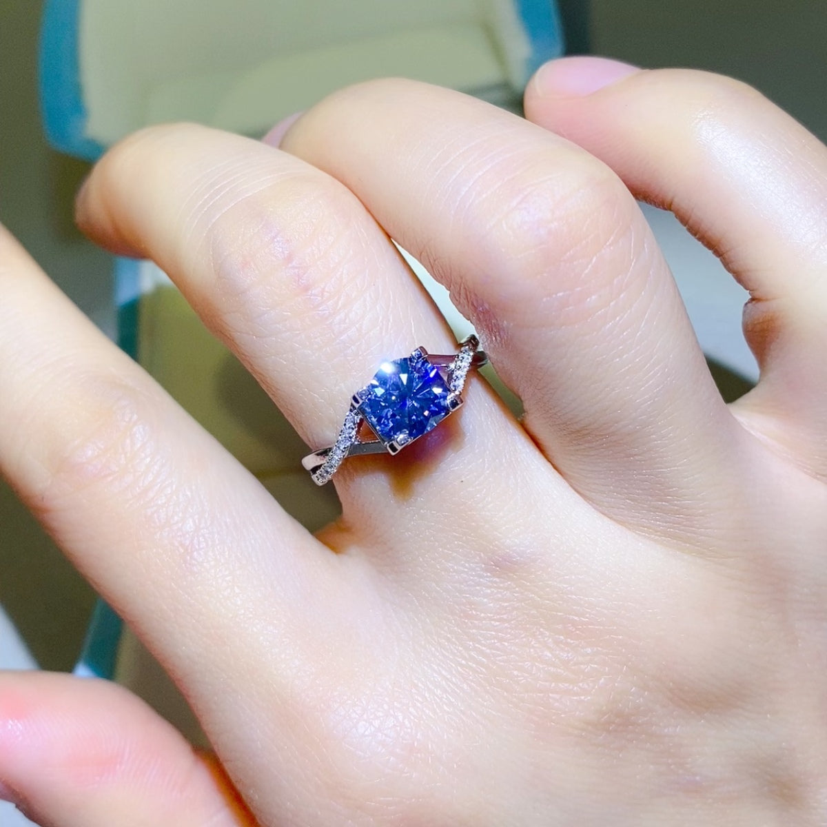 1 Carat Blue Brilliant Round Cut Sparkala™ Crisscross Pure Sterling Silver Ring by Sparkala