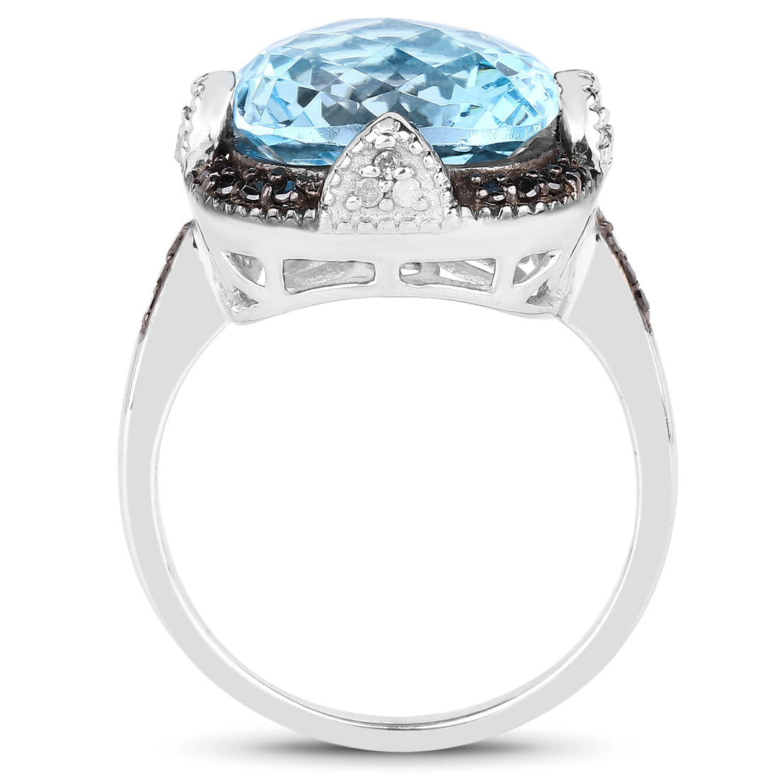 8.29 Carat Genuine Swiss Blue Topaz, Black Diamond &amp; White Diamond .925 Sterling Silver Ring