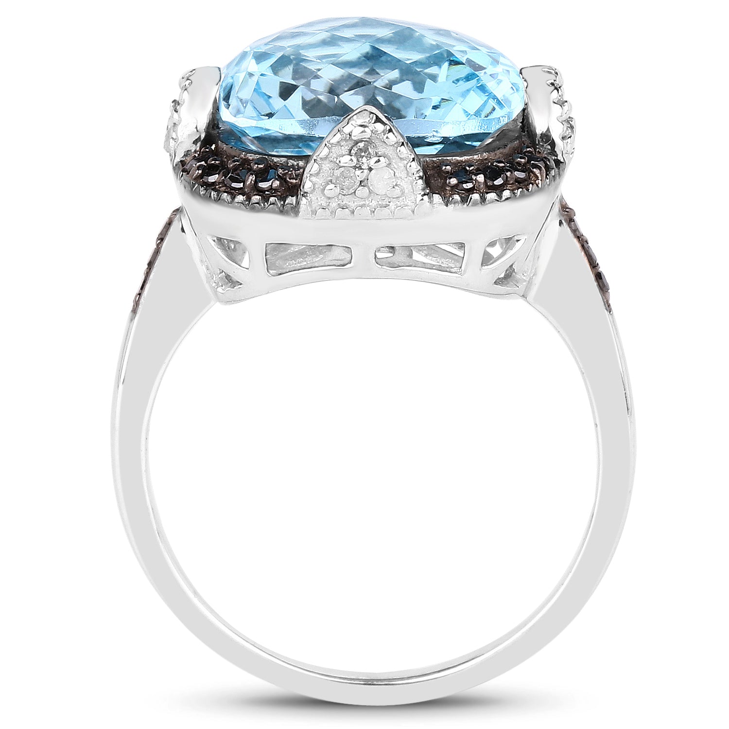 8.29 Carat Genuine Swiss Blue Topaz, Black Diamond &amp; White Diamond .925 Sterling Silver Ring