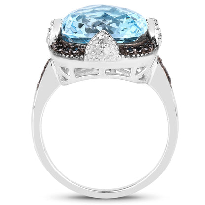8.29 Carat Genuine Swiss Blue Topaz, Black Diamond &amp; White Diamond .925 Sterling Silver Ring