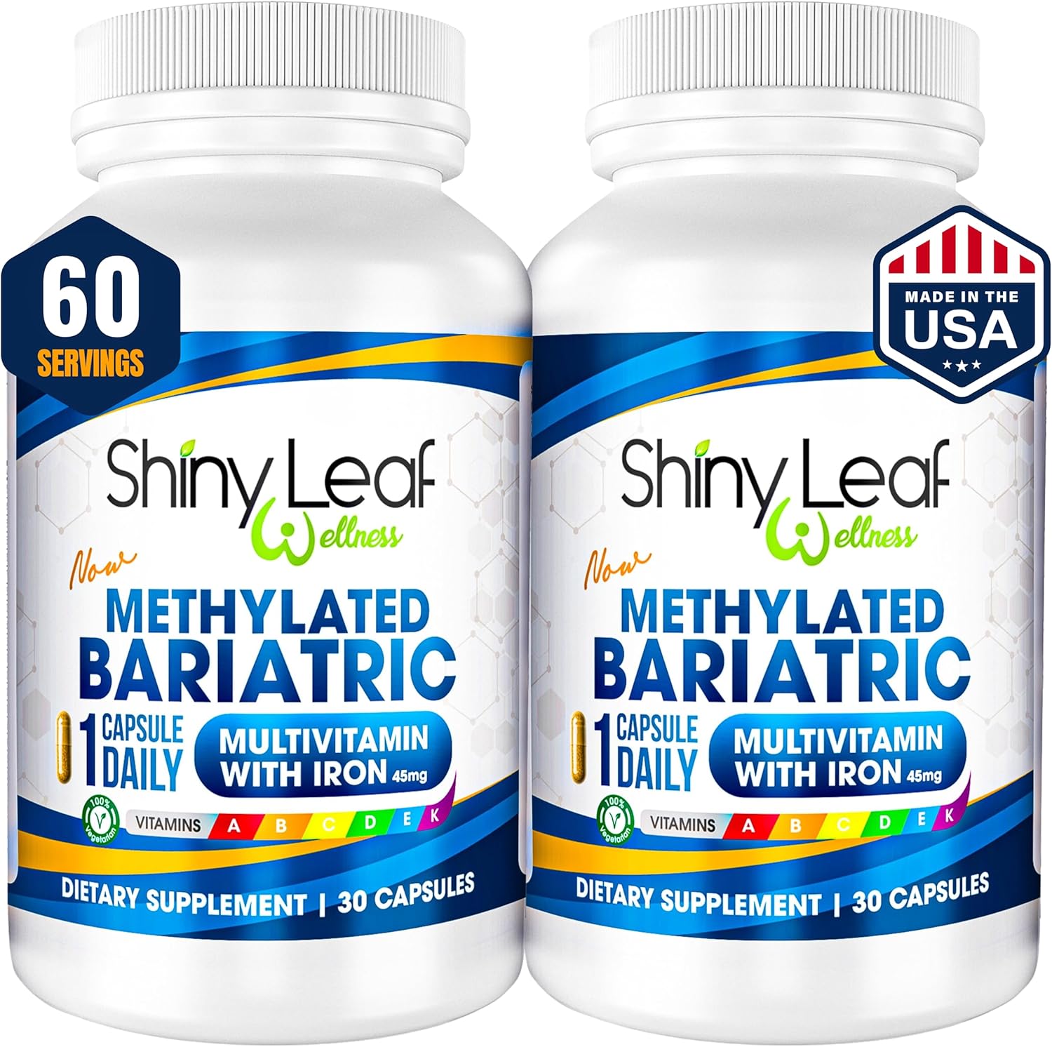 Methylated Bariatric Multivitamins with 45mg Iron 1 capsule a day by Shiny Leaf