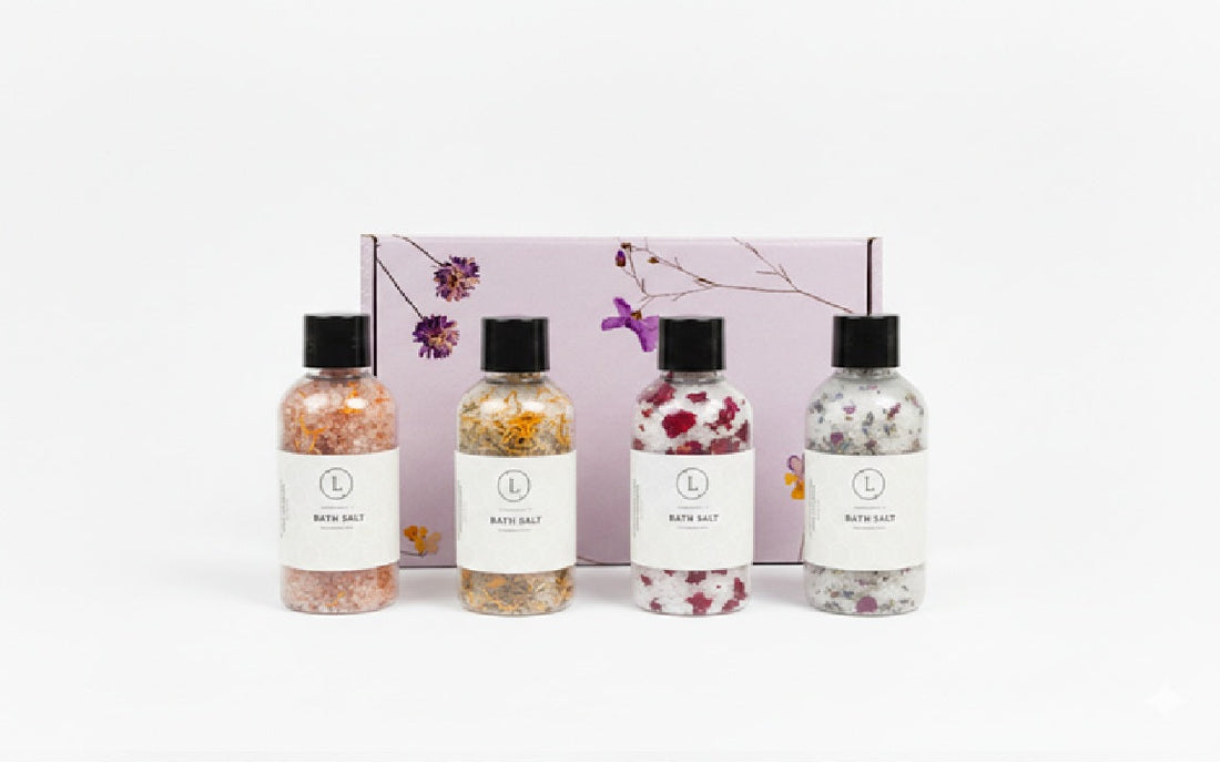 Luxurious Natural Bath Salts Discovery Set - 4 Botanical Glass Bottles by Lizush