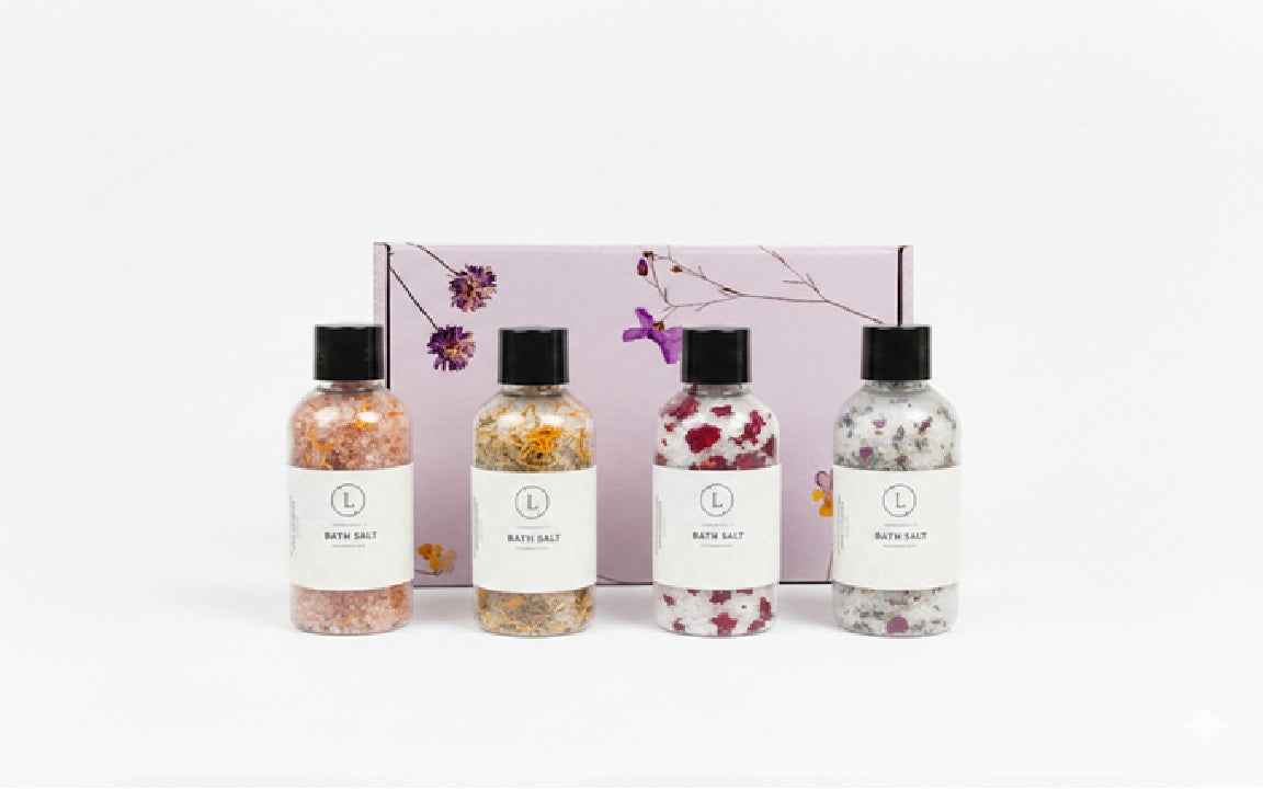Luxurious Natural Bath Salts Discovery Set - 4 Botanical Glass Bottles by Lizush