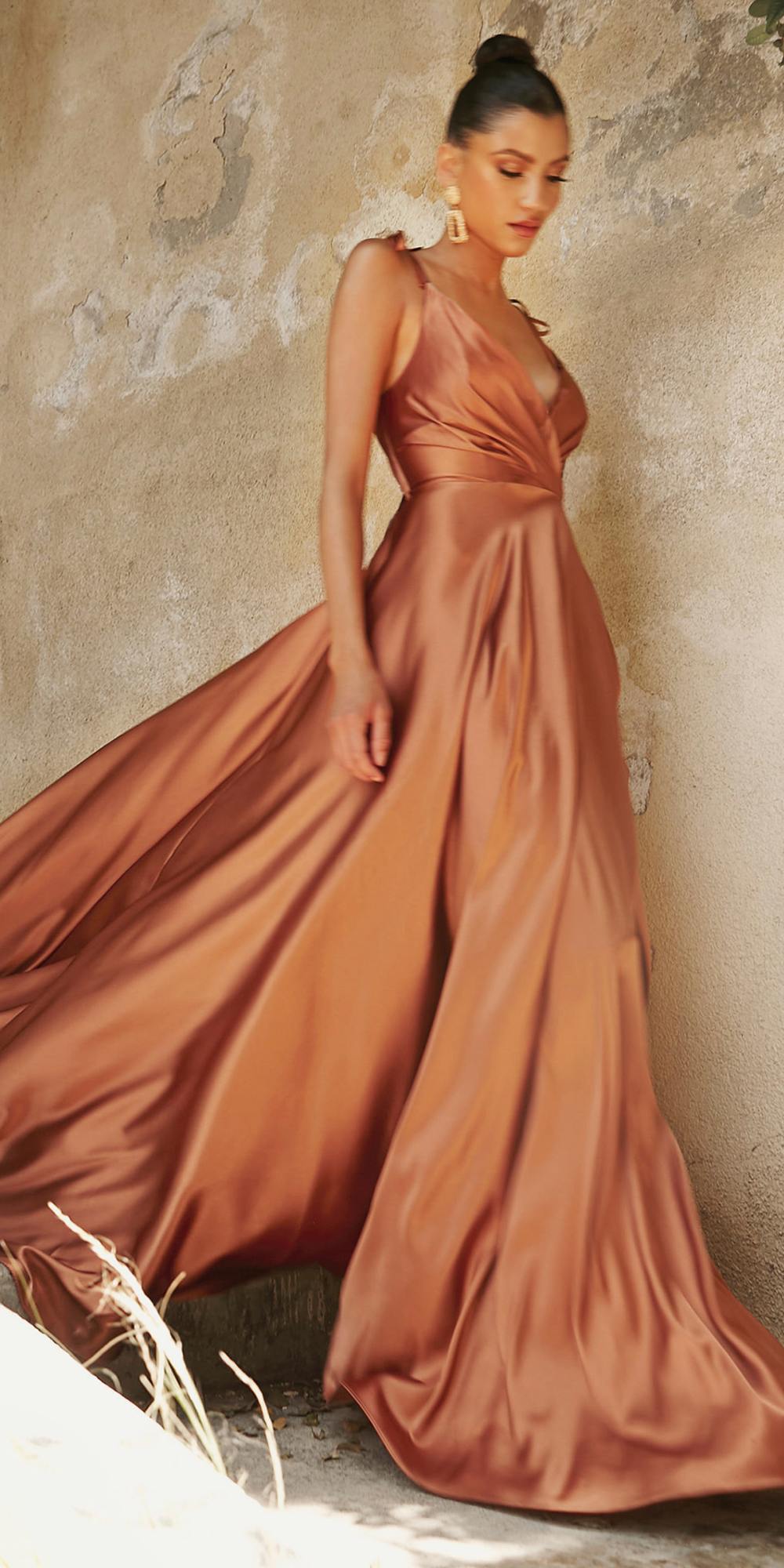 Cinderella Divine BD105 Flowy Satin A-Line Gown with Leg Slit by DiscountDressShop