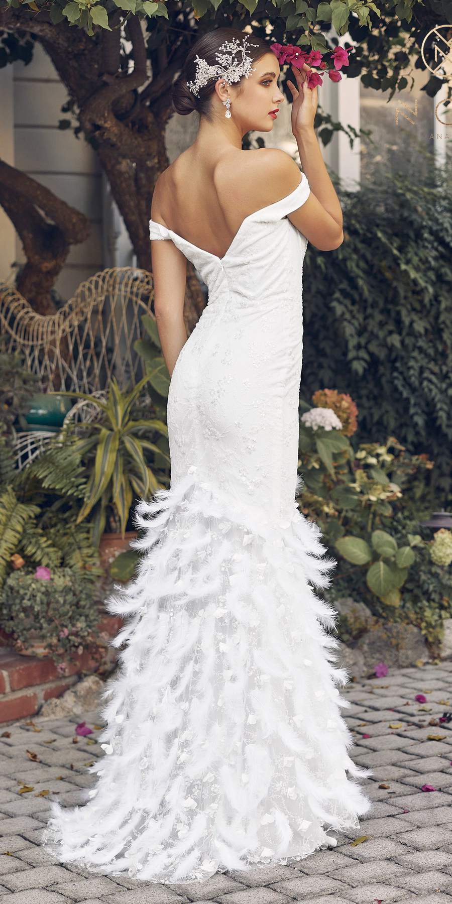 Nox Anabel C1106W Long Mermaid Off the Shoulder Gown with Feathers by DiscountDressShop
