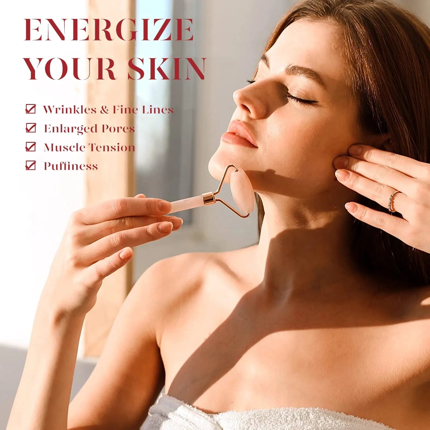 Jade Roller &amp; Gua Sha, Natural Jade Face Roller Gua Sha Facial Tools Skin Care Massager, Pink by Korean Skin Care