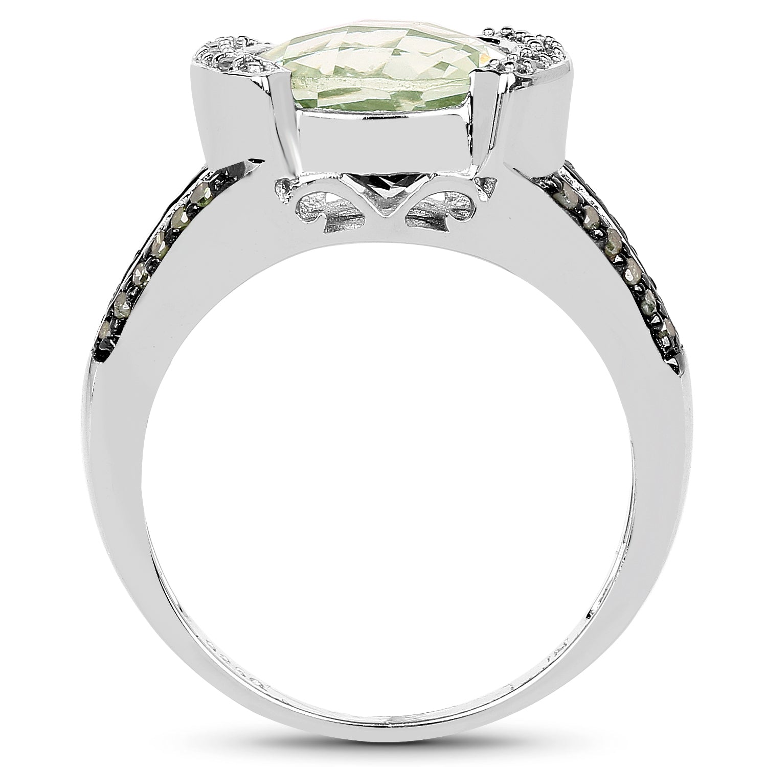 3.59 Carat Genuine Green Amethyst, Green Diamond &amp; White Diamond .925 Sterling Silver Ring