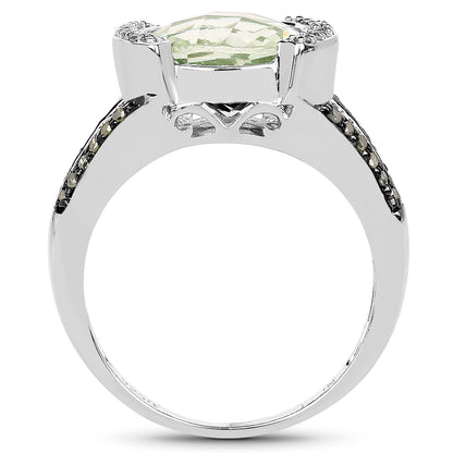 3.59 Carat Genuine Green Amethyst, Green Diamond &amp; White Diamond .925 Sterling Silver Ring