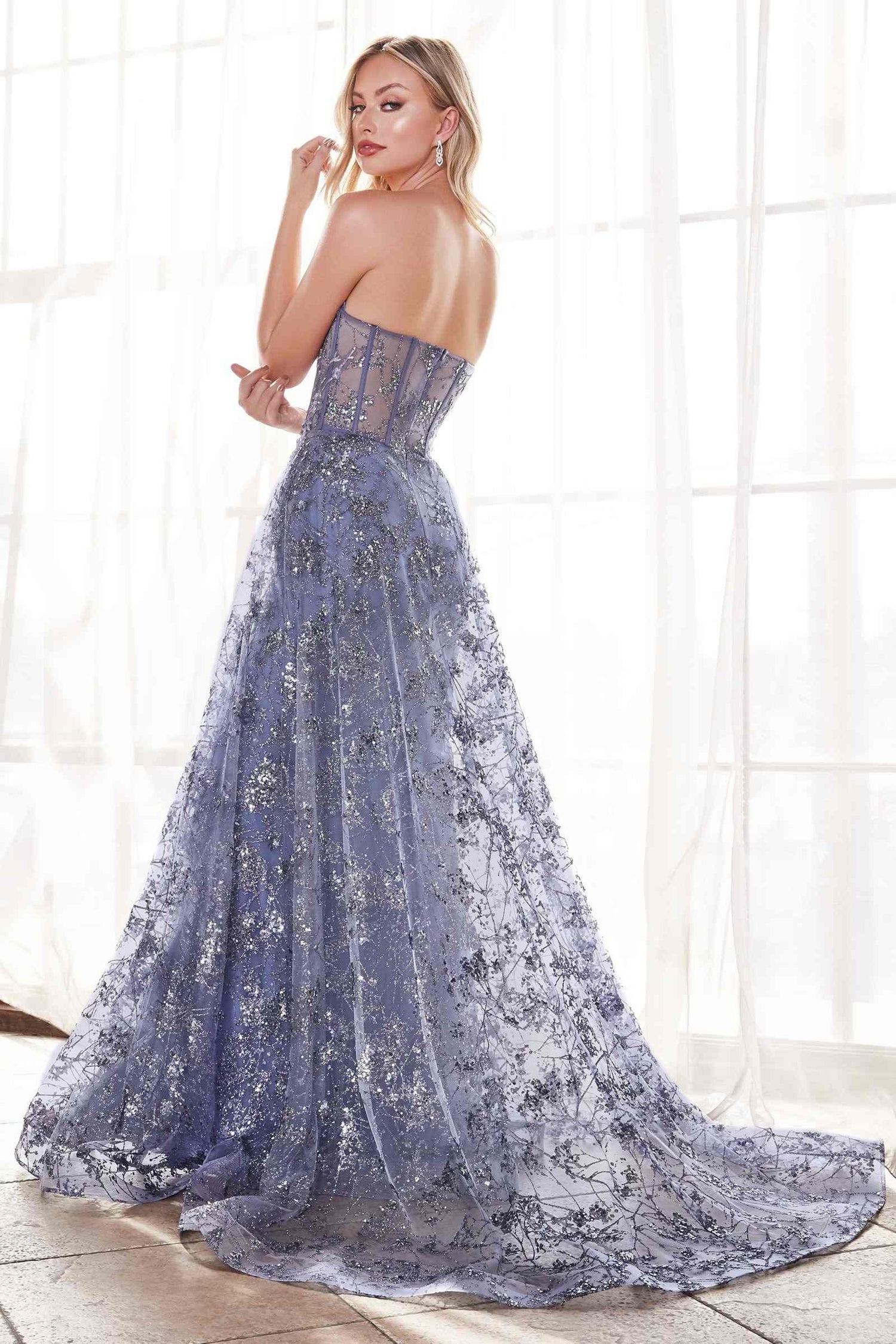 Ladivine CB046 Strapless Fitted Gown Floral Applique And Glitter Tulle Overskirt by DiscountDressShop