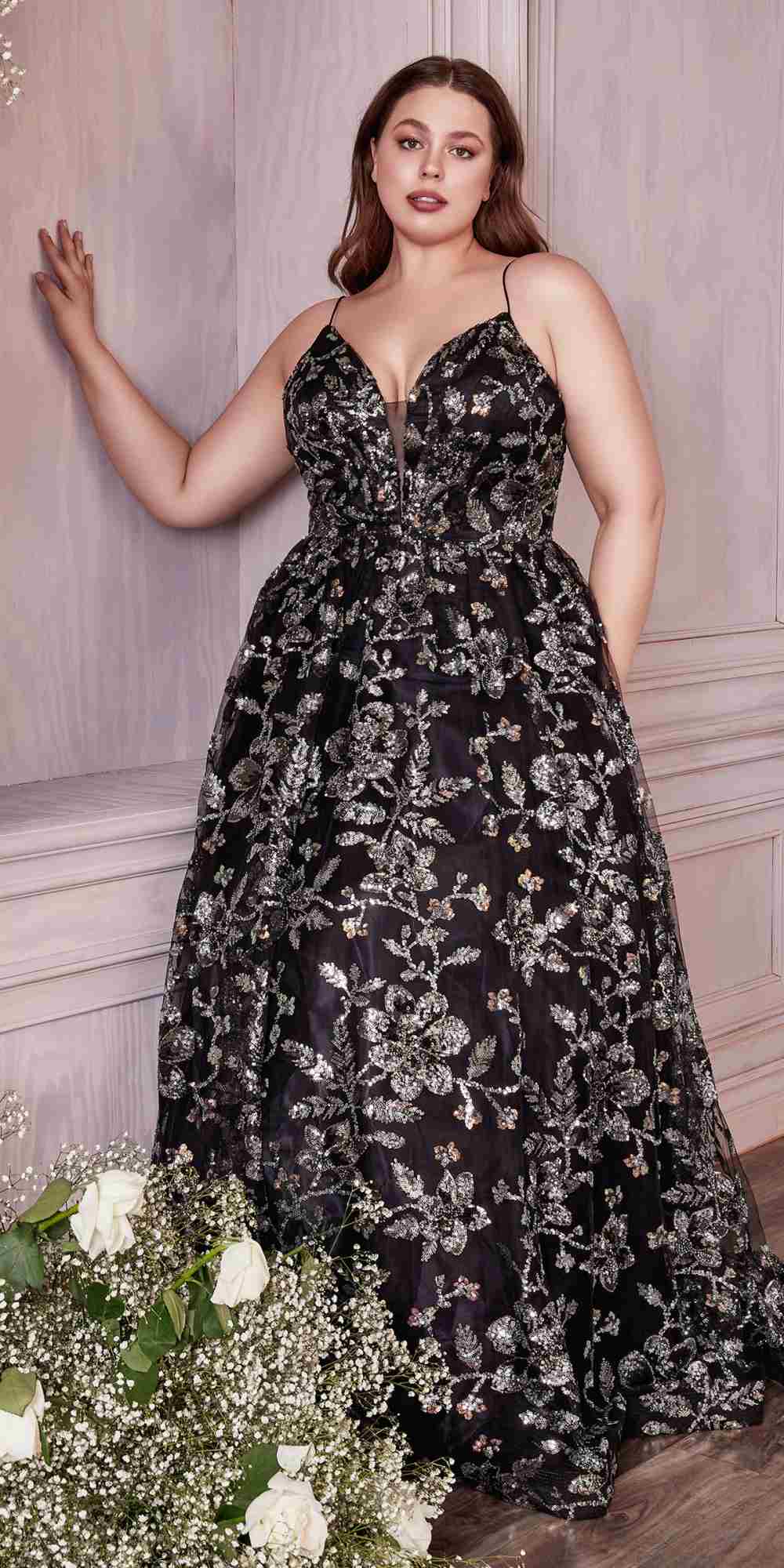 Cinderella Divine CB073 Floor Length Luminescent Floral Sequin Print Ball Gown by DiscountDressShop