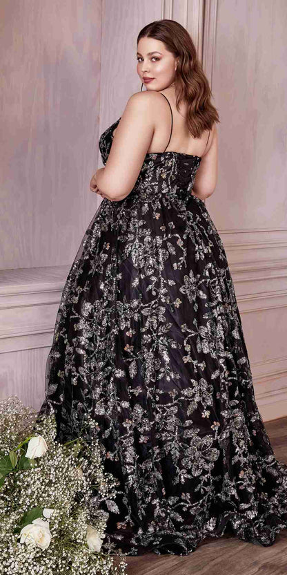 Cinderella Divine CB073 Floor Length Luminescent Floral Sequin Print Ball Gown by DiscountDressShop