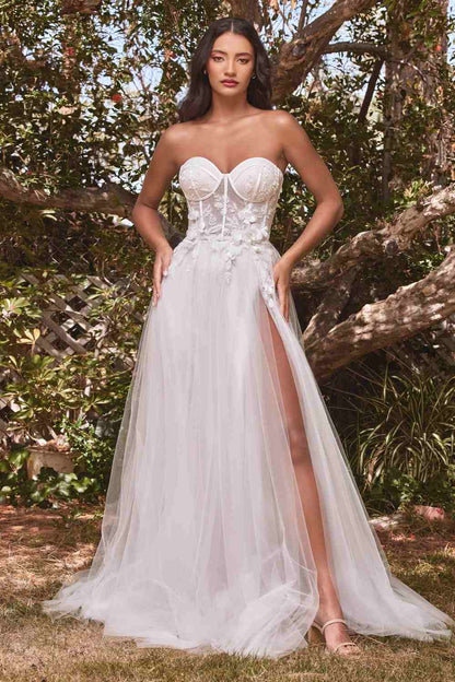 Cinderella Divine CB080W Long Strapless Tulle Floral Ball Gown by DiscountDressShop