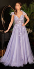 Ladivine CB097 Long A-Line Tulle Gown with Floral Detail by DiscountDressShop