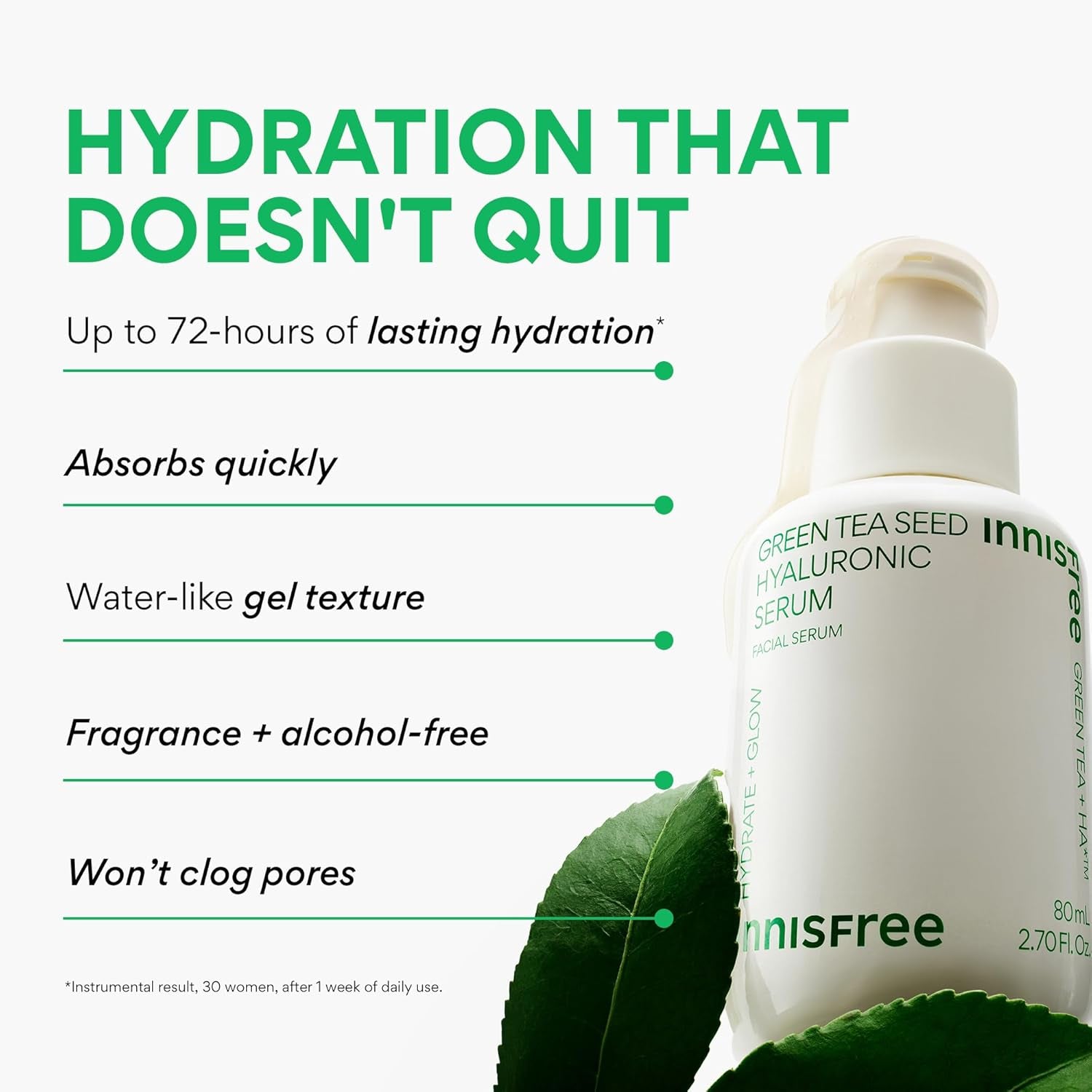 Innisfree Green Tea Seed Hyaluronic Serum with Panthenol and Niacinamide, Korean Face Serum for Hydration and Glow by Korean Skin Care