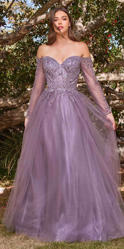 Cinderella Divine CD0172 A-Line Layered Tulle Gown Off The Shoulder Long Sleeve by DiscountDressShop