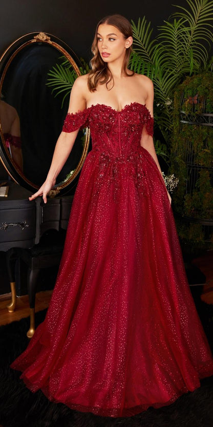 Cinderella Divine CD0198 Long Lace A-Line Gown with Off the Shoulder Sleeves by DiscountDressShop