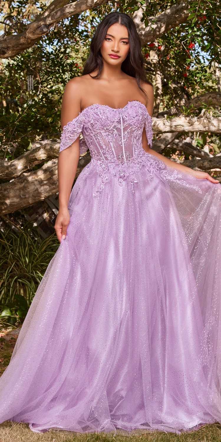 Cinderella Divine CD0198 Long Lace A-Line Gown with Off the Shoulder Sleeves by DiscountDressShop