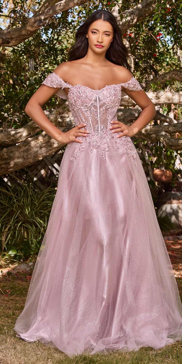 Cinderella Divine CD0198 Long Lace A-Line Gown with Off the Shoulder Sleeves by DiscountDressShop