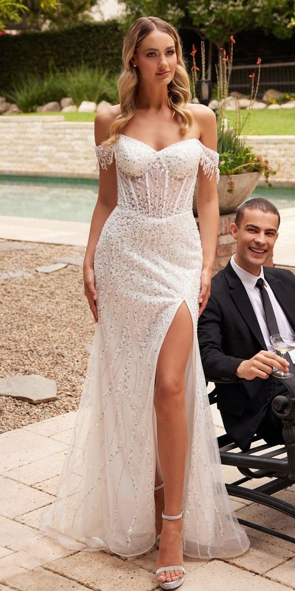 Ladivine CD0203W Long Off the Shoulder Sequin Wedding Gown with Slit by DiscountDressShop