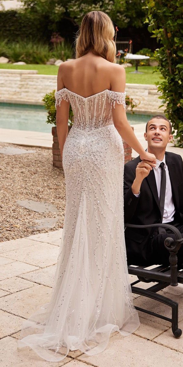 Ladivine CD0203W Long Off the Shoulder Sequin Wedding Gown with Slit by DiscountDressShop