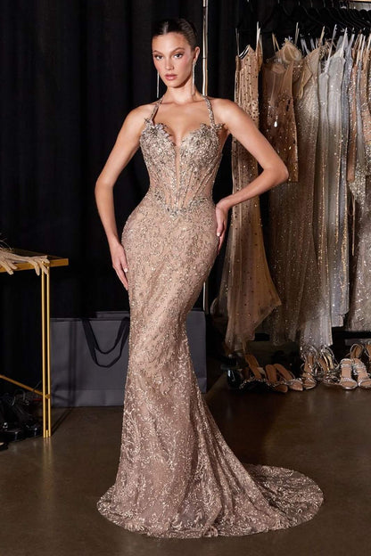 Ladivine CD695 Halter Neck Crystal Sequin Plunging Mermaid Dress by DiscountDressShop