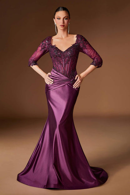Ladivine CD731 Fitted Embroidered Bodice Stretch Satin Evening Gown by DiscountDressShop