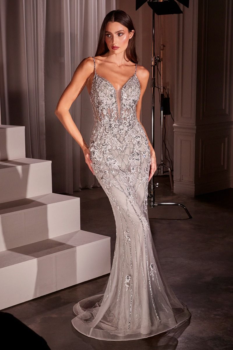 Ladivine CD795 Dress Lace &amp; Tulle Crystal Embellished Fitted Gown by DiscountDressShop
