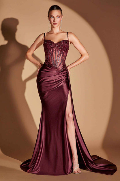 CLEARANCE - Ladivine CD868 Long Glamorous Lace Detailed Silver Gown Side Sash (Size 2) by DiscountDressShop