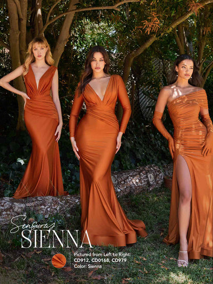 Cinderella Divine CD912 Fitted Jersey Gown Ruched Waistline Pleated Deep V-Neckline by DiscountDressShop