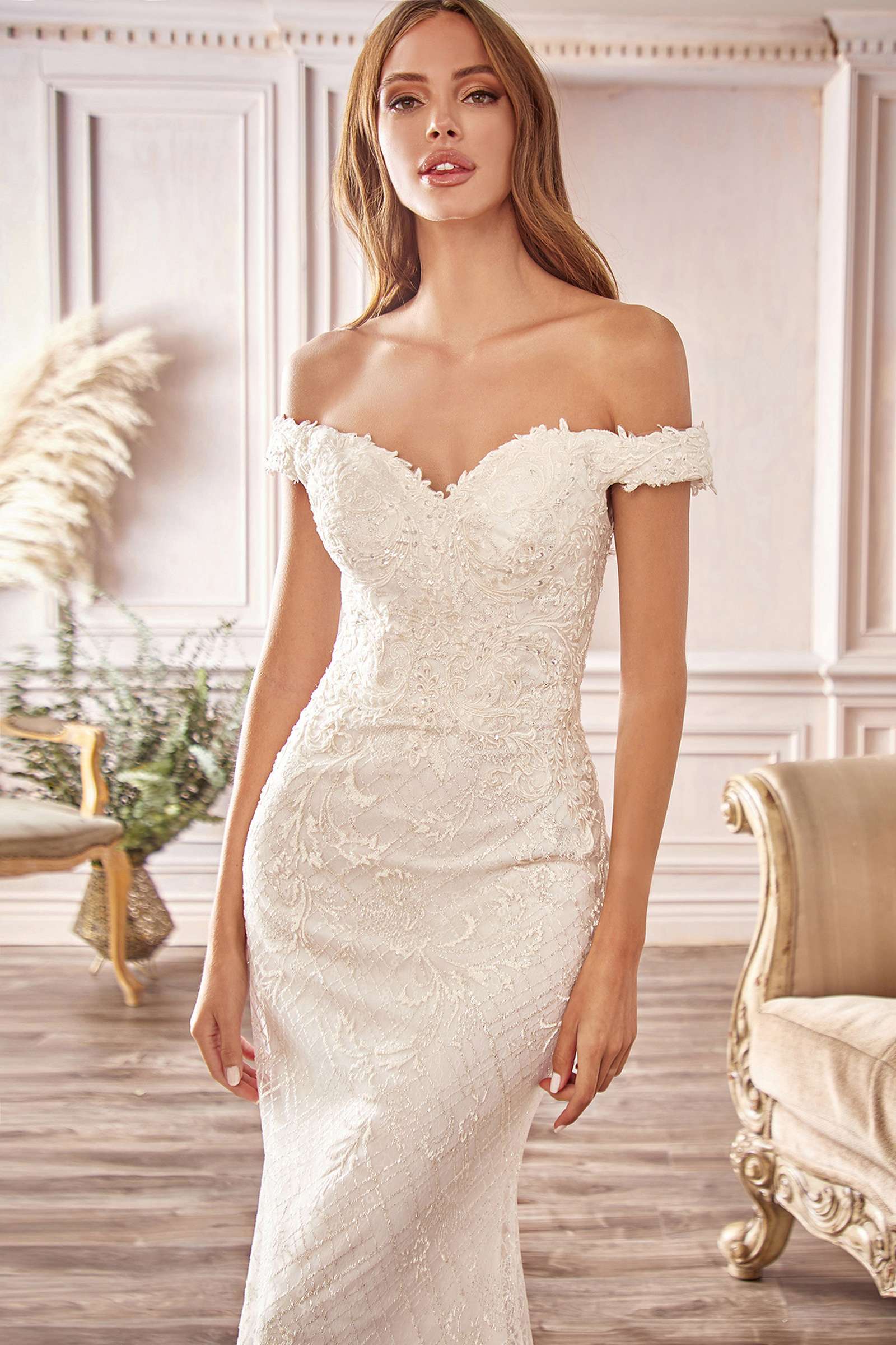 Cinderella Divine CD929 Fitted Off The Shoulder Bridal Gown Floral Lace Applique by DiscountDressShop