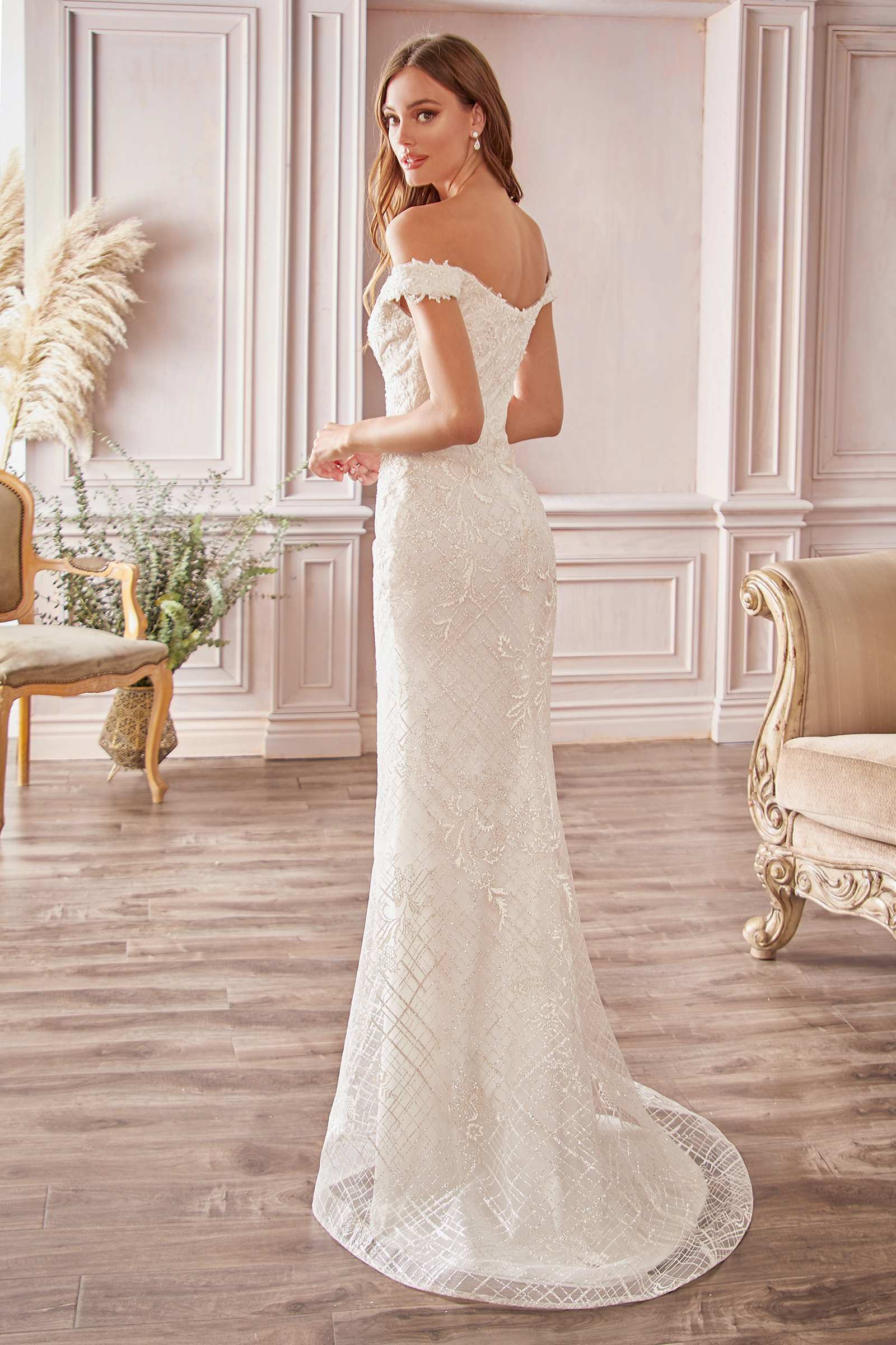 Cinderella Divine CD929 Fitted Off The Shoulder Bridal Gown Floral Lace Applique by DiscountDressShop