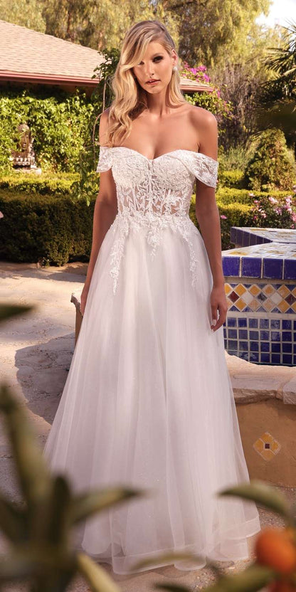 Cinderella Divine CD961W Long Lace Off the Shoulder Bridal Gown by DiscountDressShop