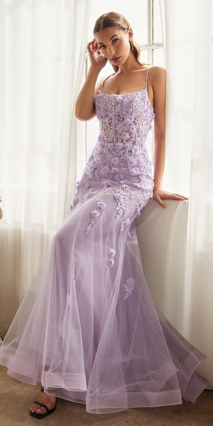 Ladivine CD995 Floor Length Fitted Floral Applique Tulle Gown by DiscountDressShop
