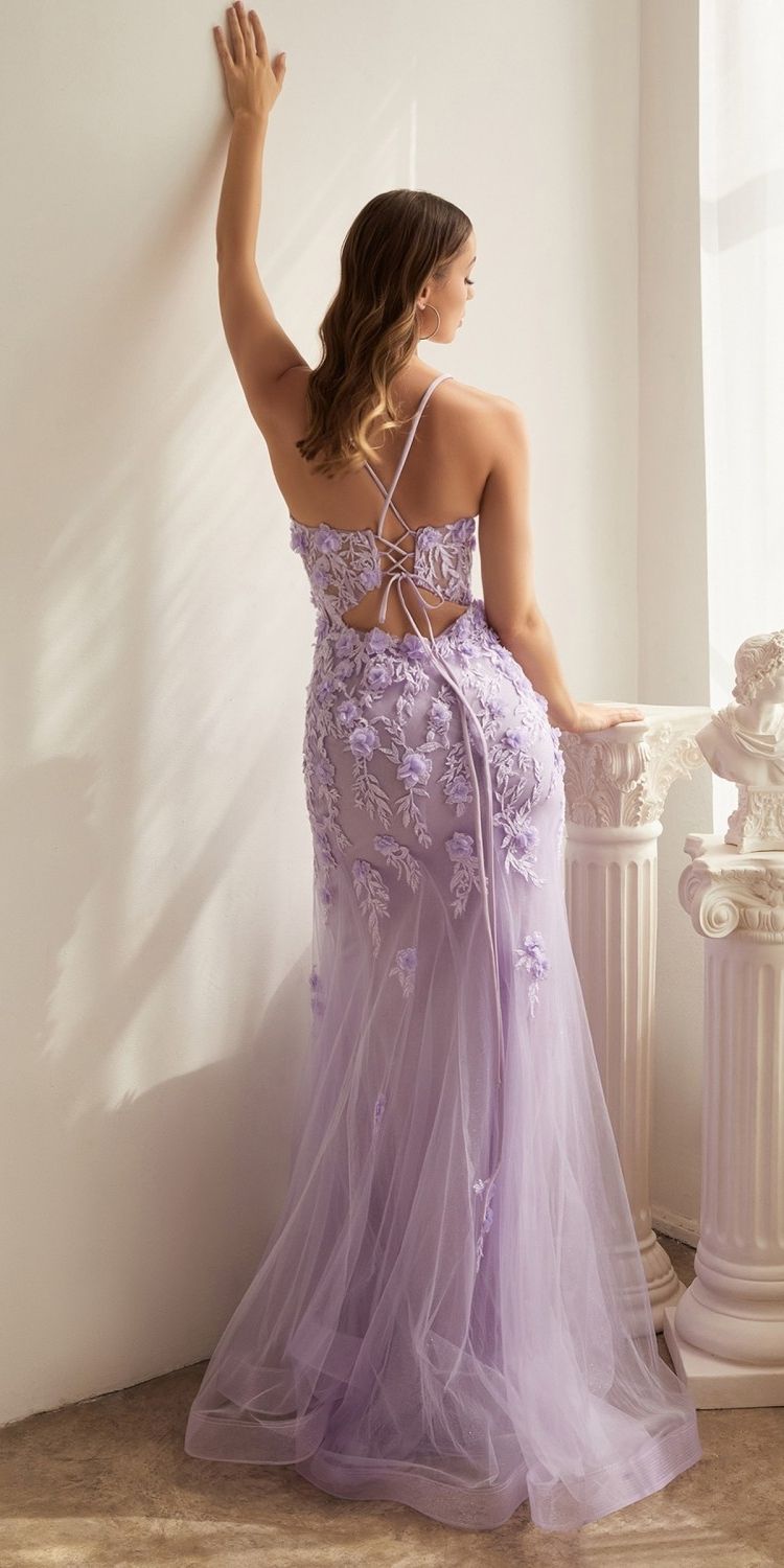 Ladivine CD995 Floor Length Fitted Floral Applique Tulle Gown by DiscountDressShop