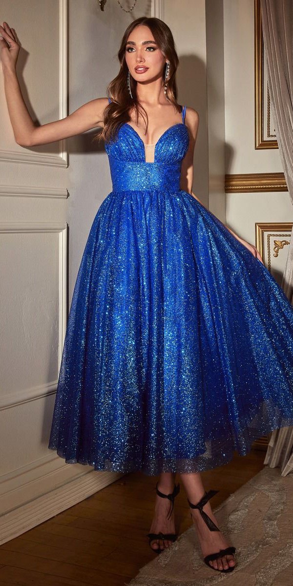 Ladivine CD996T Glitter Flocked Tea Length Dress with Side Pockets by DiscountDressShop