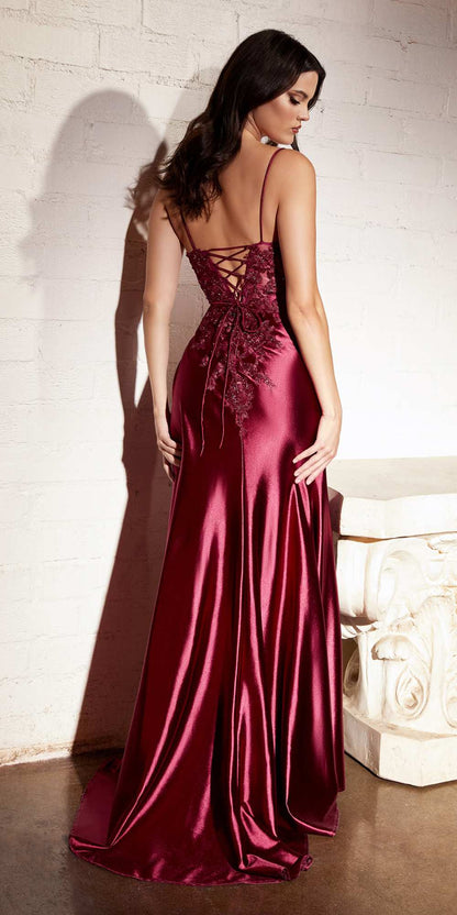 Ladivine CM318 Lace &amp; Satin Dress with Leg Slit by DiscountDressShop