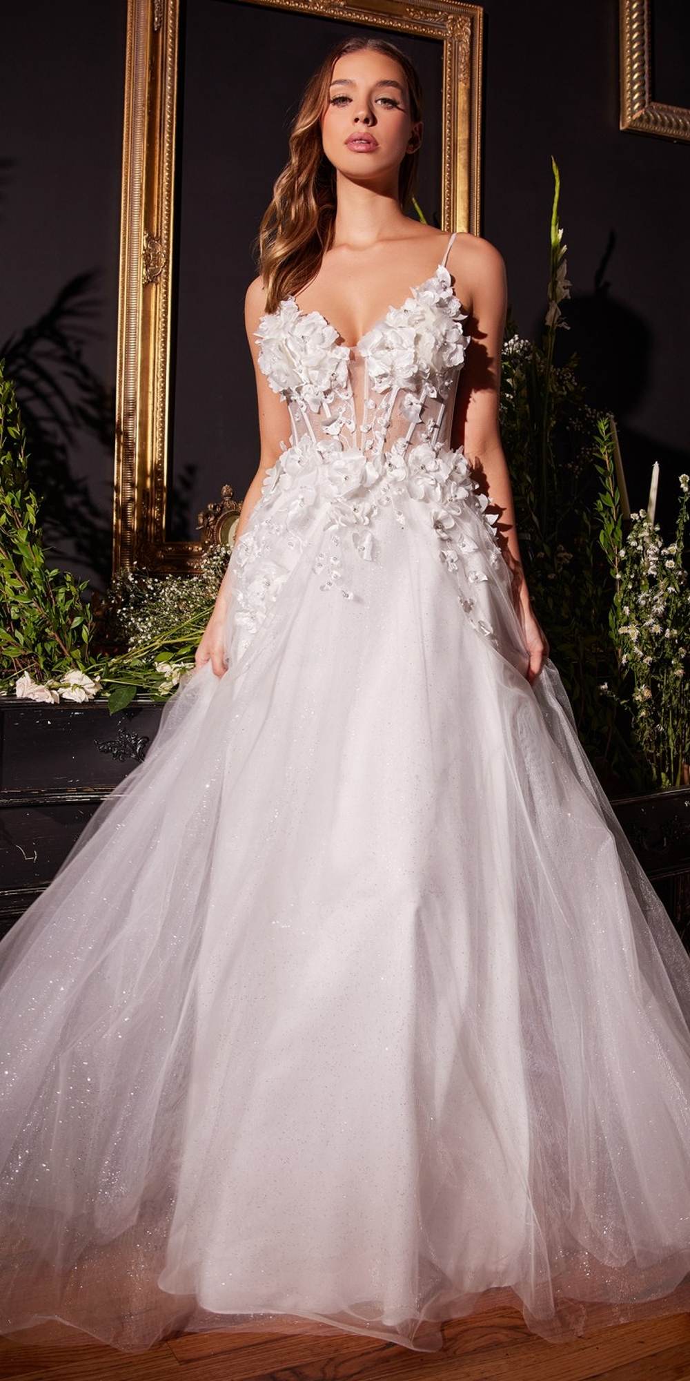 Ladivine CM321W Floor Length Floral Applique A-Line Tulle Bridal Gown by DiscountDressShop
