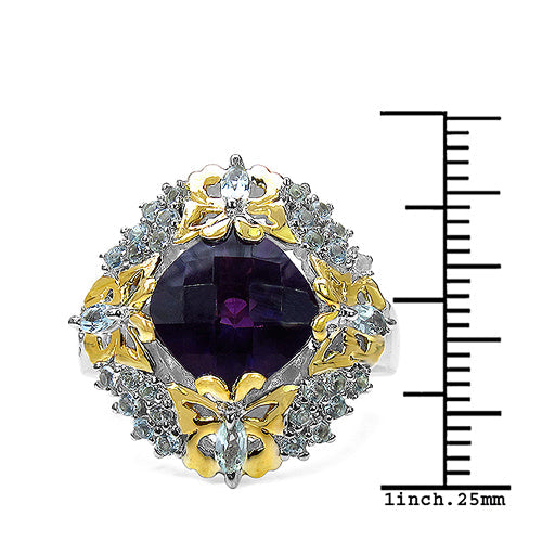 3.91 Carat Genuine Amethyst, Blue Topaz &amp; White Diamond .925 Sterling Silver Ring