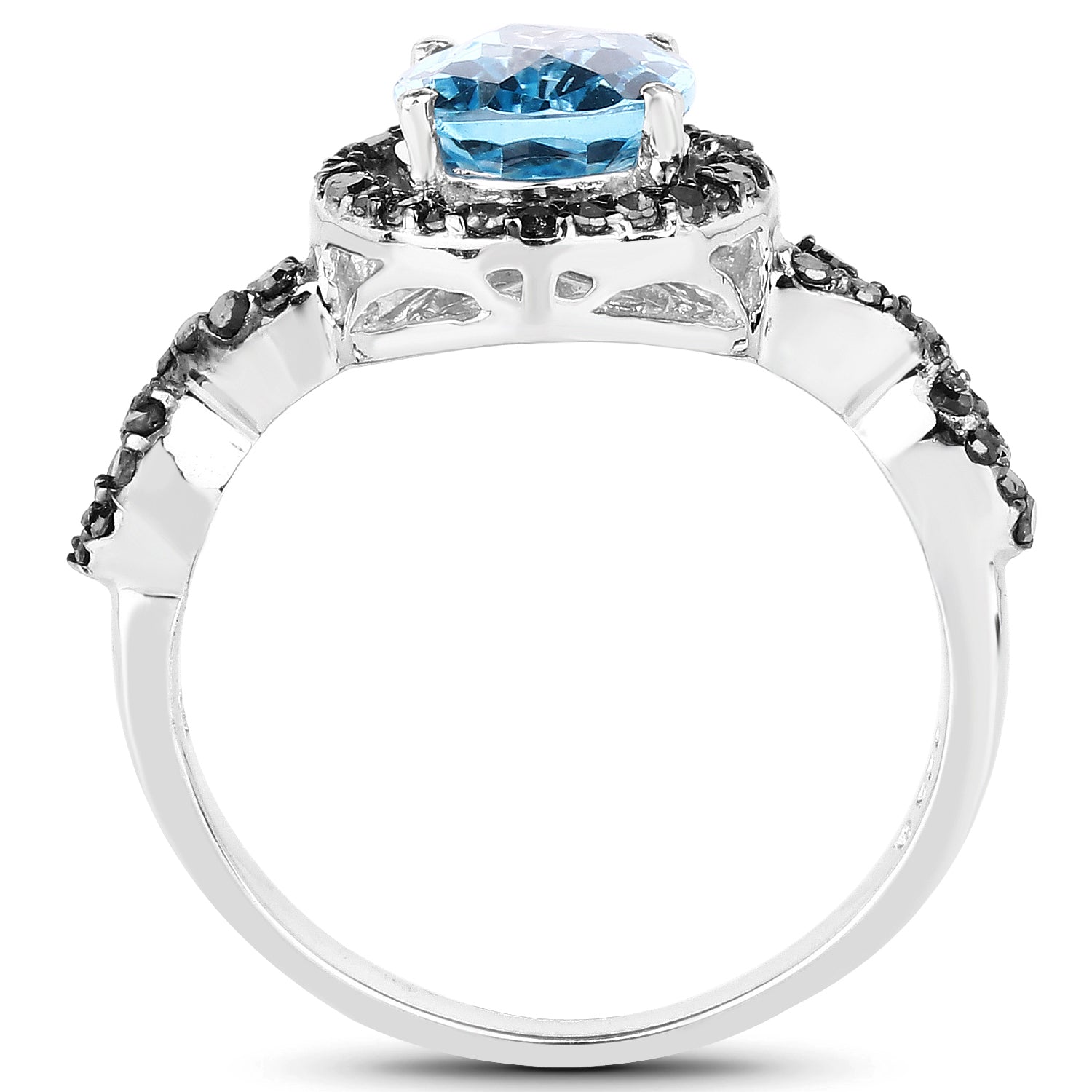 2.92 Carat Genuine Blue Topaz, Black Diamond &amp; White Diamond .925 Sterling Silver Ring