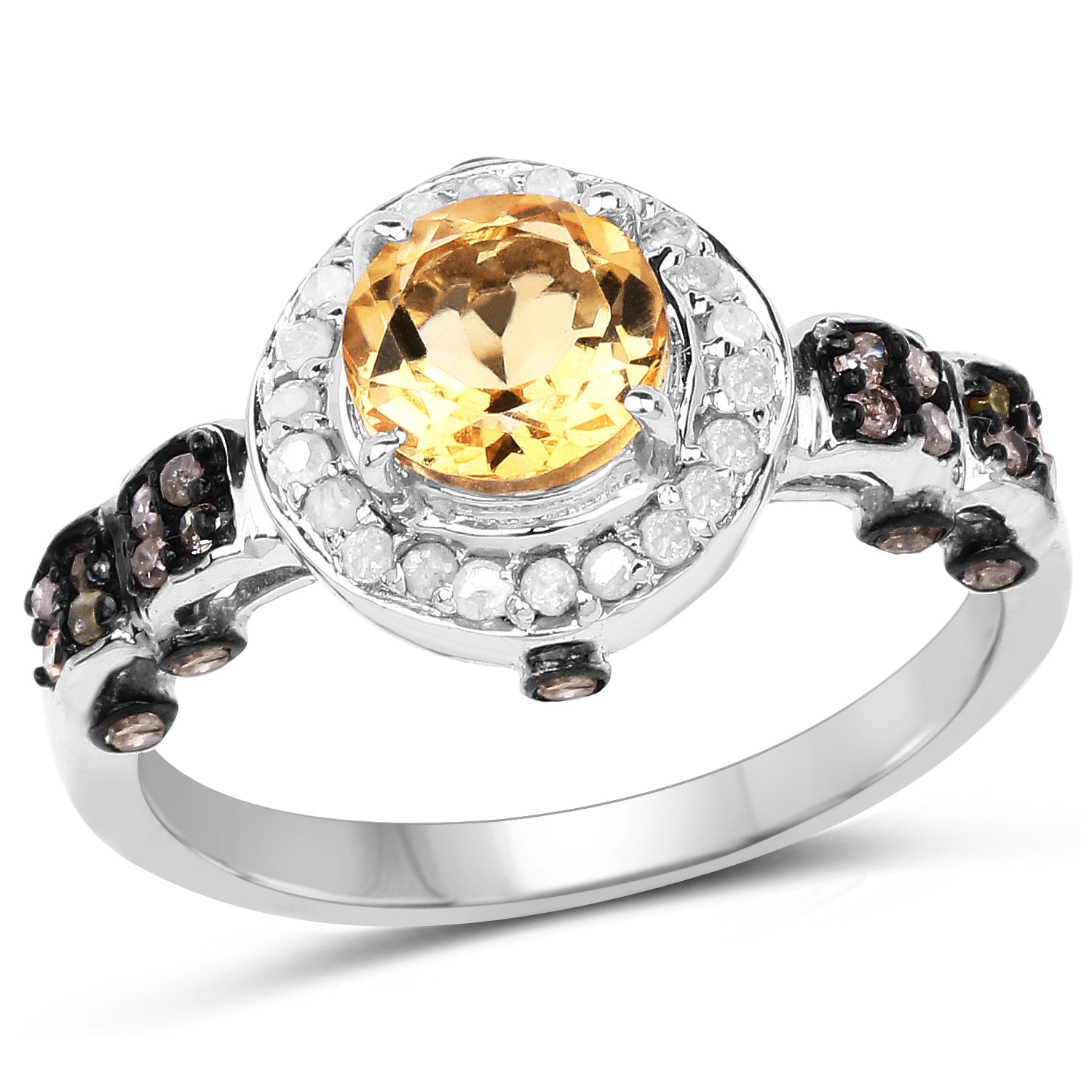 1.06 Carat Genuine Citrine, Champagne Diamond &amp; White Diamond .925 Sterling Silver Ring