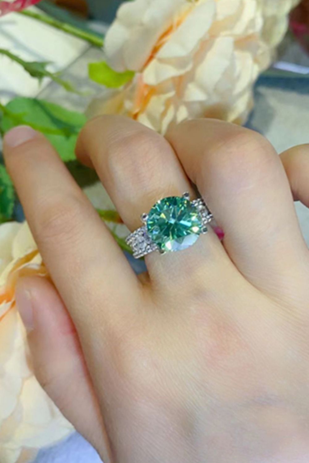 5 Carat Green Brilliant Round Cut Sparkala™ 4-Prong Wide Band Ring by Sparkala