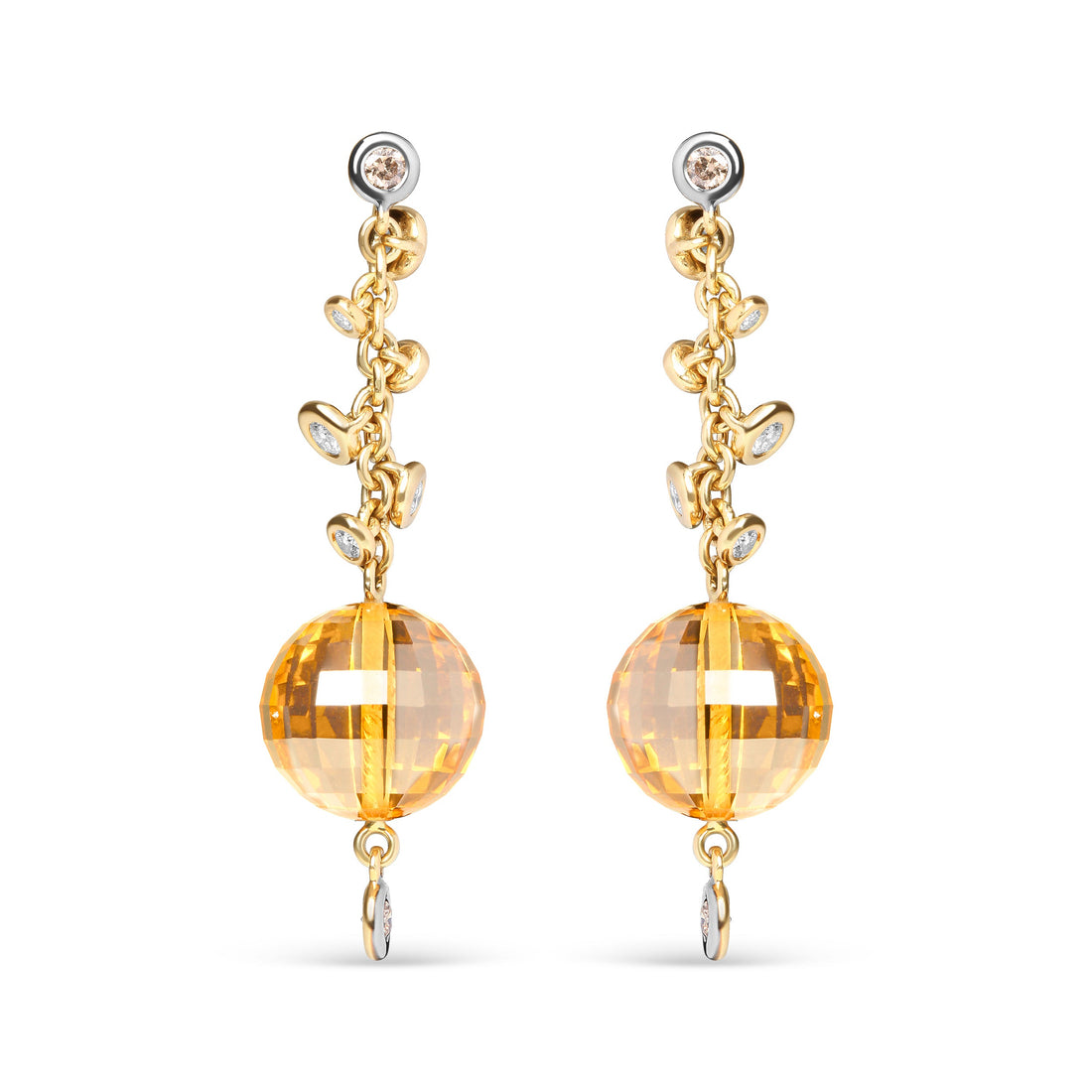 18K Yellow Gold 2/3 Cttw Round Bezel Diamond and 25mm Ball Shaped Yellow Citrine Gemstone Dangle Stud Earring (Brown and G-H Color, SI1-SI2 Clarity)