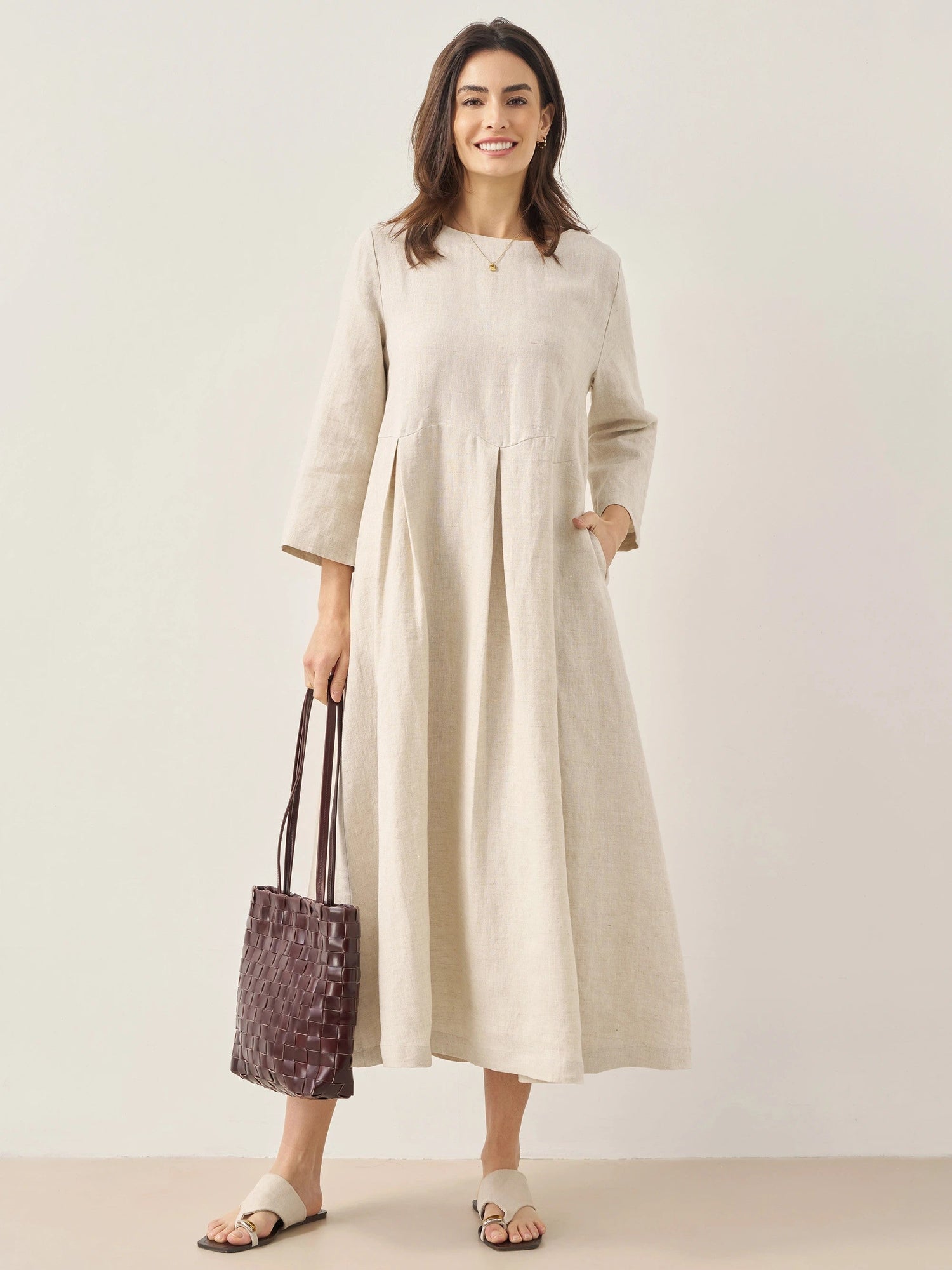 100% Linen Bateau Neck Pleated Midi Dress ABIGAIL by LINTICO
