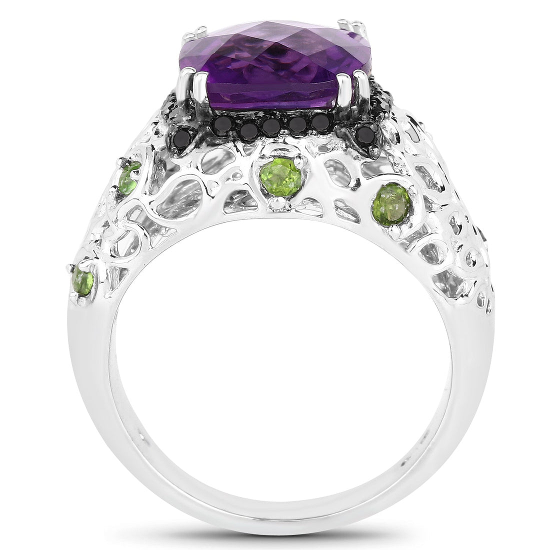 3.27 Carat Genuine Amethyst, Chrome Diopside &amp; Black Diamond .925 Sterling Silver Ring