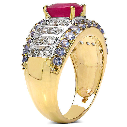 14K Yellow Gold Plated 3.02 Carat Genuine Ruby, Tanzanite &amp; White Topaz .925 Sterling Silver Ring