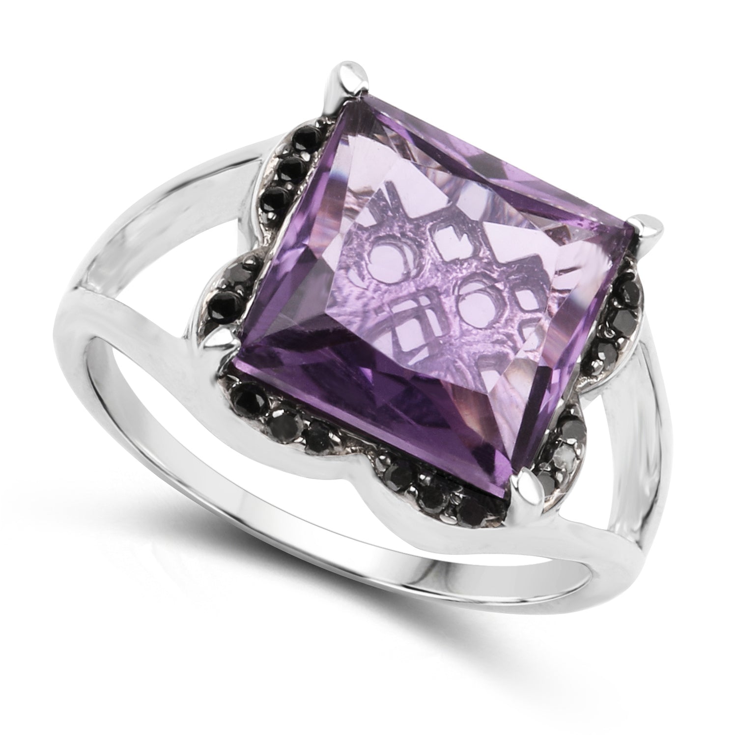 4.58 Carat Genuine Amethyst &amp; Black Diamond .925 Sterling Silver Ring