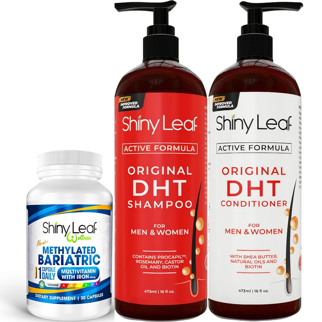 Bariatric Multivitamin with Iron With DHT Original Shampoo and Conditioner Hair Care Bundle by Shiny Leaf